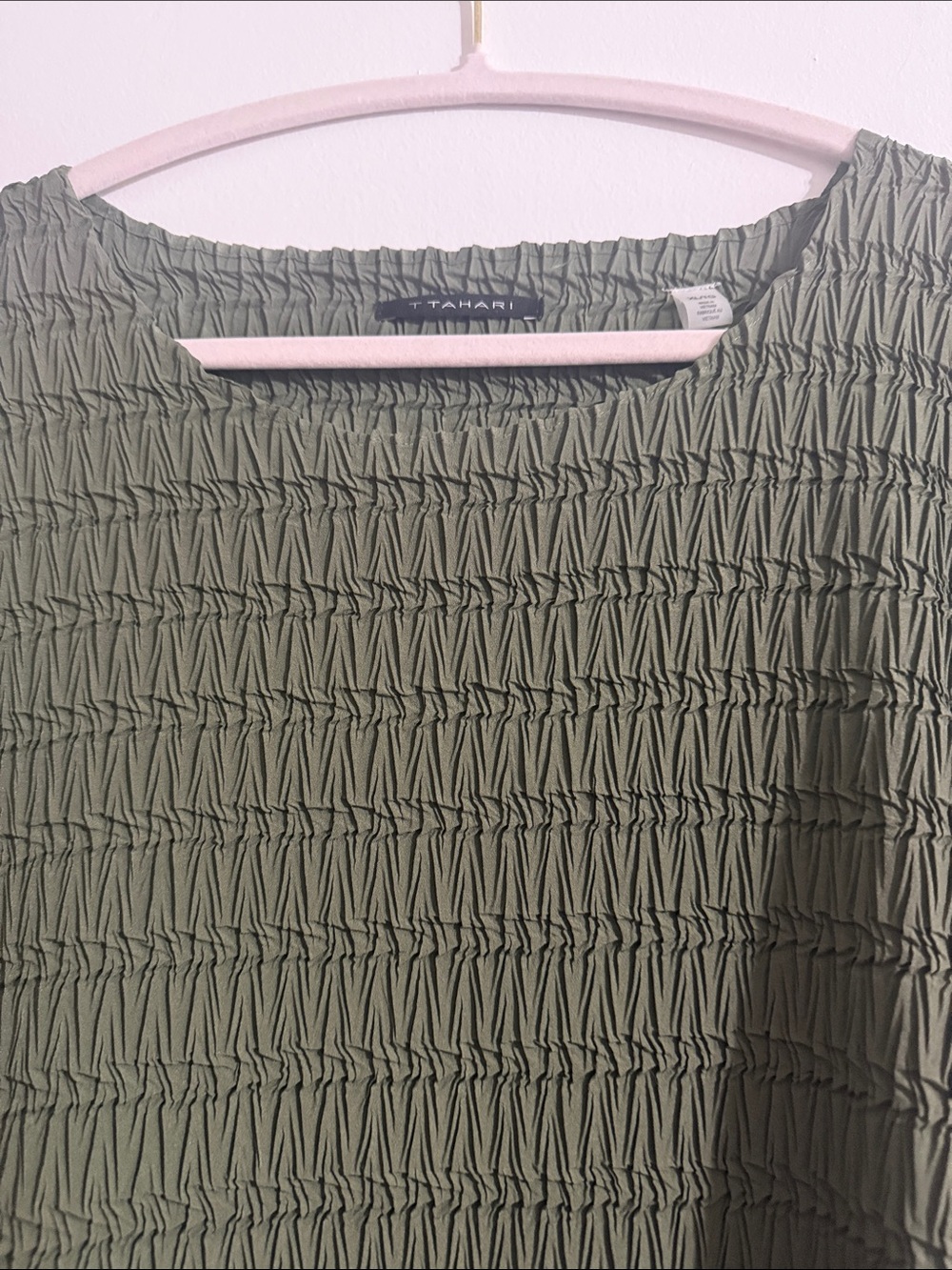 Tahari Olive Green Textured Smocked Blouse - Picture 3 of 5
